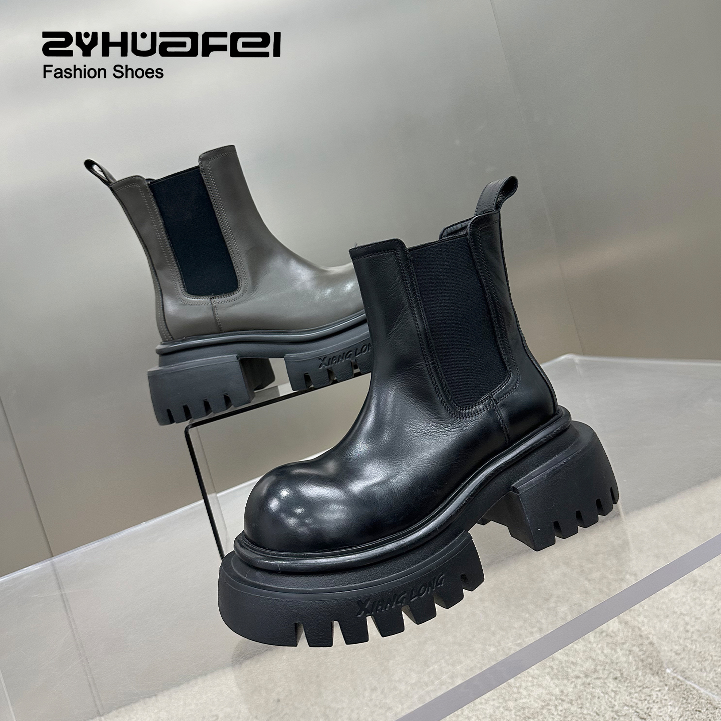 【左右华菲】6.5cm显瘦厚底切尔西靴学院风复古真皮秋冬圆头中筒靴