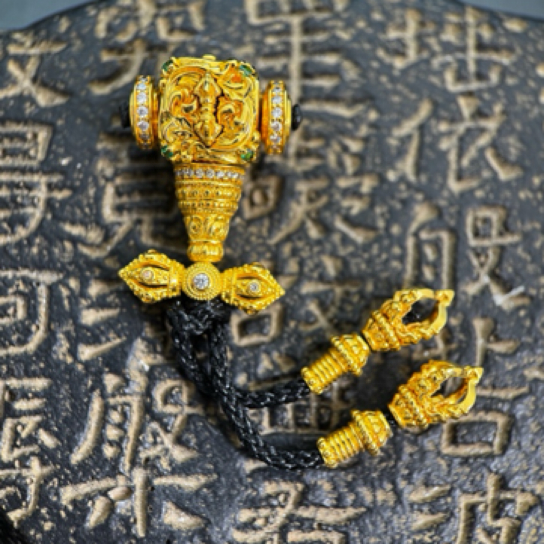 足银合成锆石银制品 魔方金刚杵三通-镀层24K金/5D无氢电铸工艺