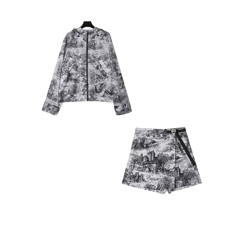 碎花气质时尚科技塔夫绸提花连帽防水套装裤CEA1022