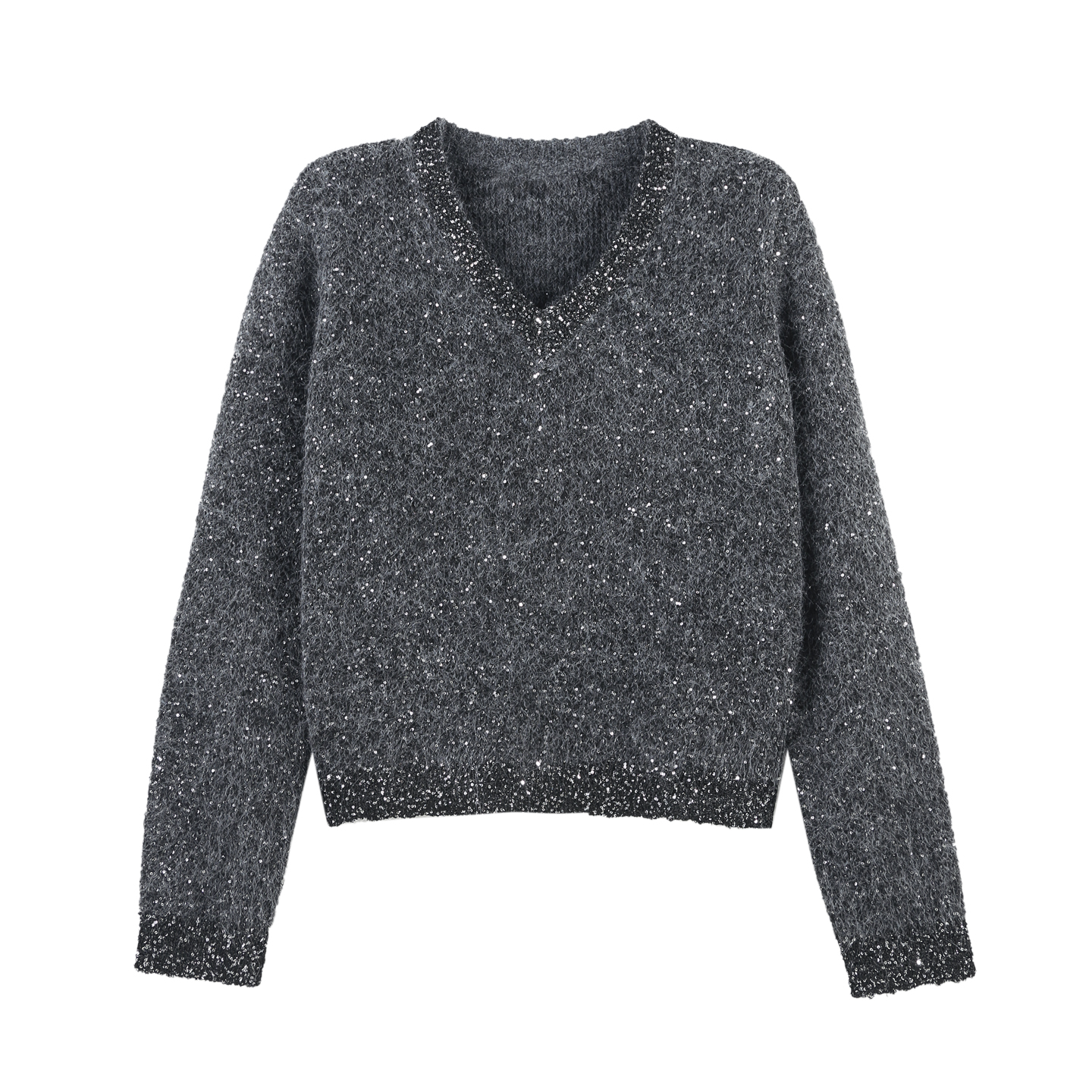 2025冬季新款亮丝混纺撞色镶边V领宽松版型针织上衣HBZWW918645