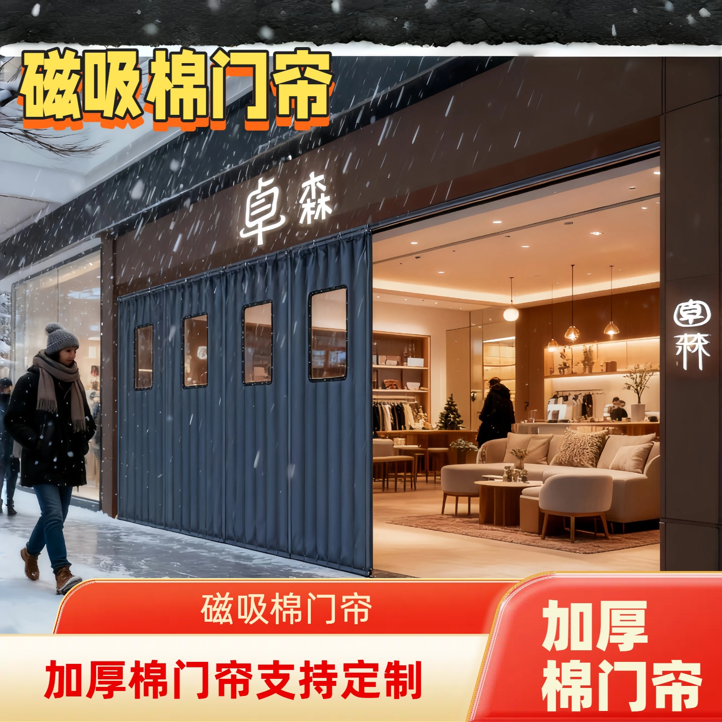 军绿色加厚帆布防寒保暖打孔家用商用磁吸棉门帘冬季隔音防风隔断