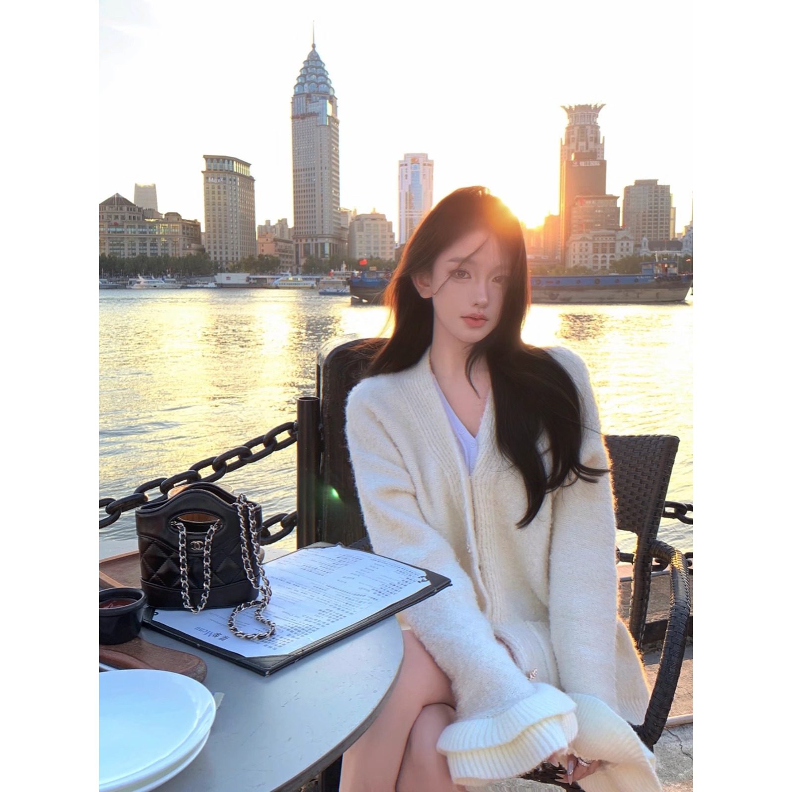 慵懒调性 荷叶边袖针织开衫肌理感宽松显瘦休闲设计感v领毛衣