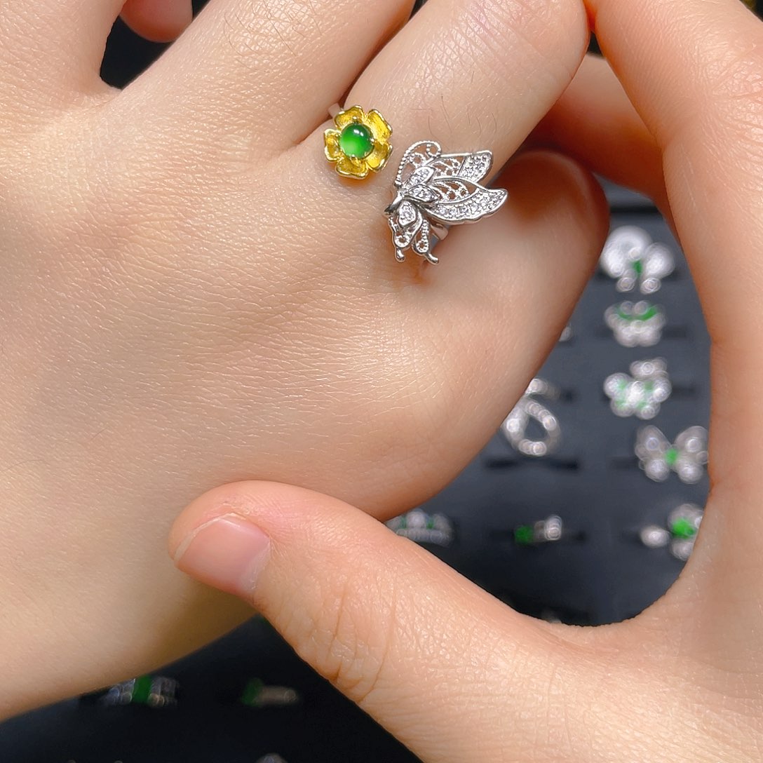 翡翠戒指银S925镀金镶嵌戒指