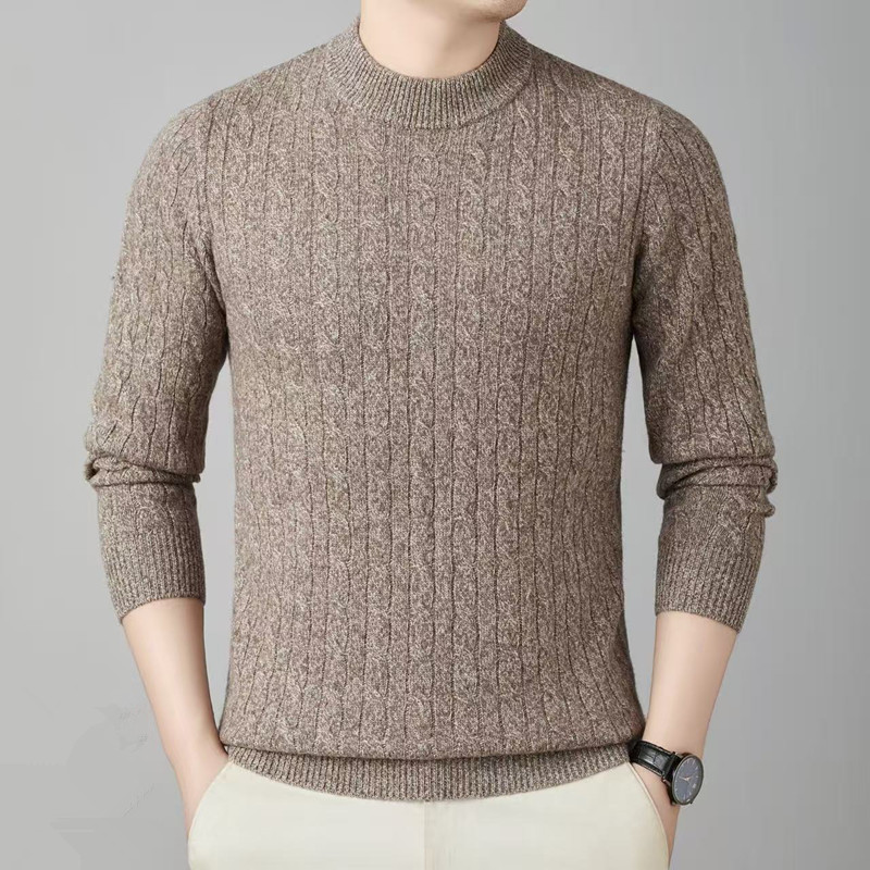 [100%绵羊毛]轻奢男士中年新款秋冬圆领提花毛衣纯色保暖羊毛衫