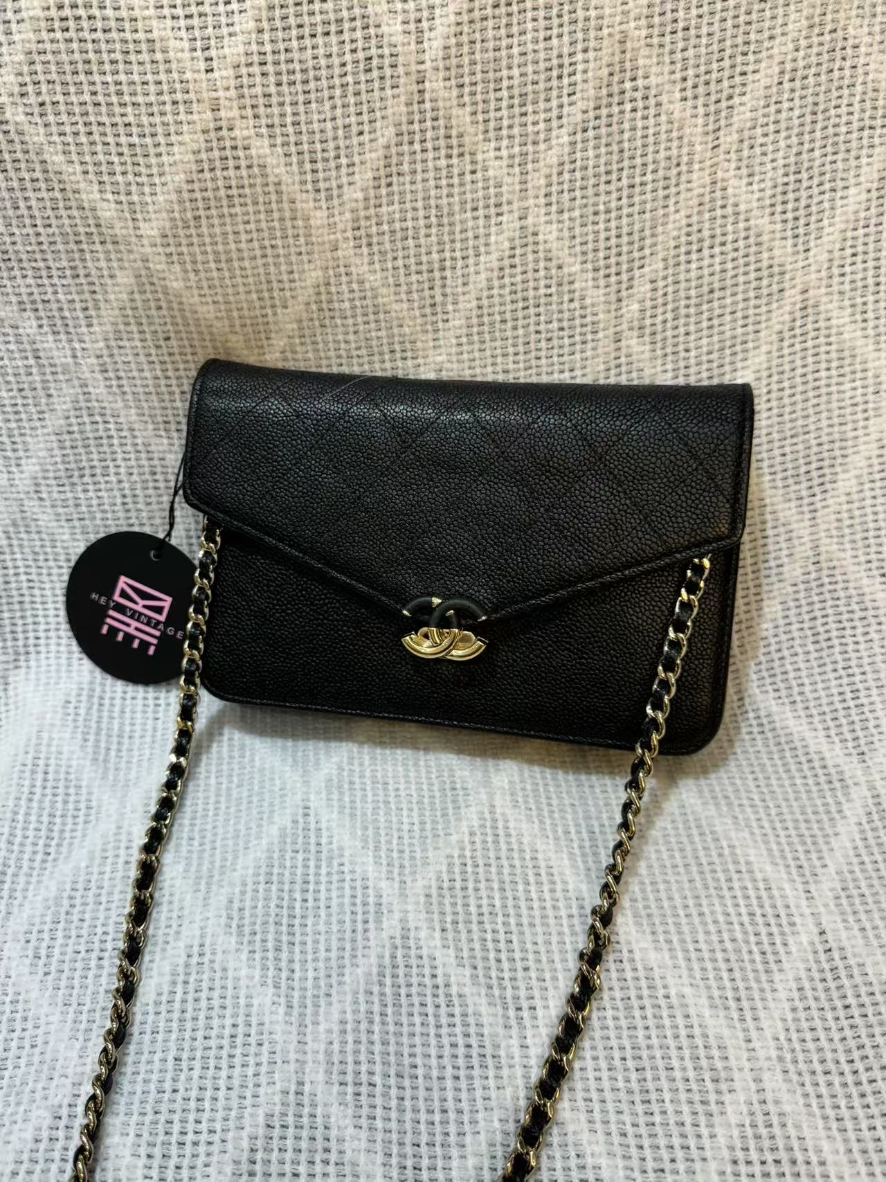 95新 Chanel/香奈儿  黑金荔枝纹古巴信封包 25开 19cm 12612746