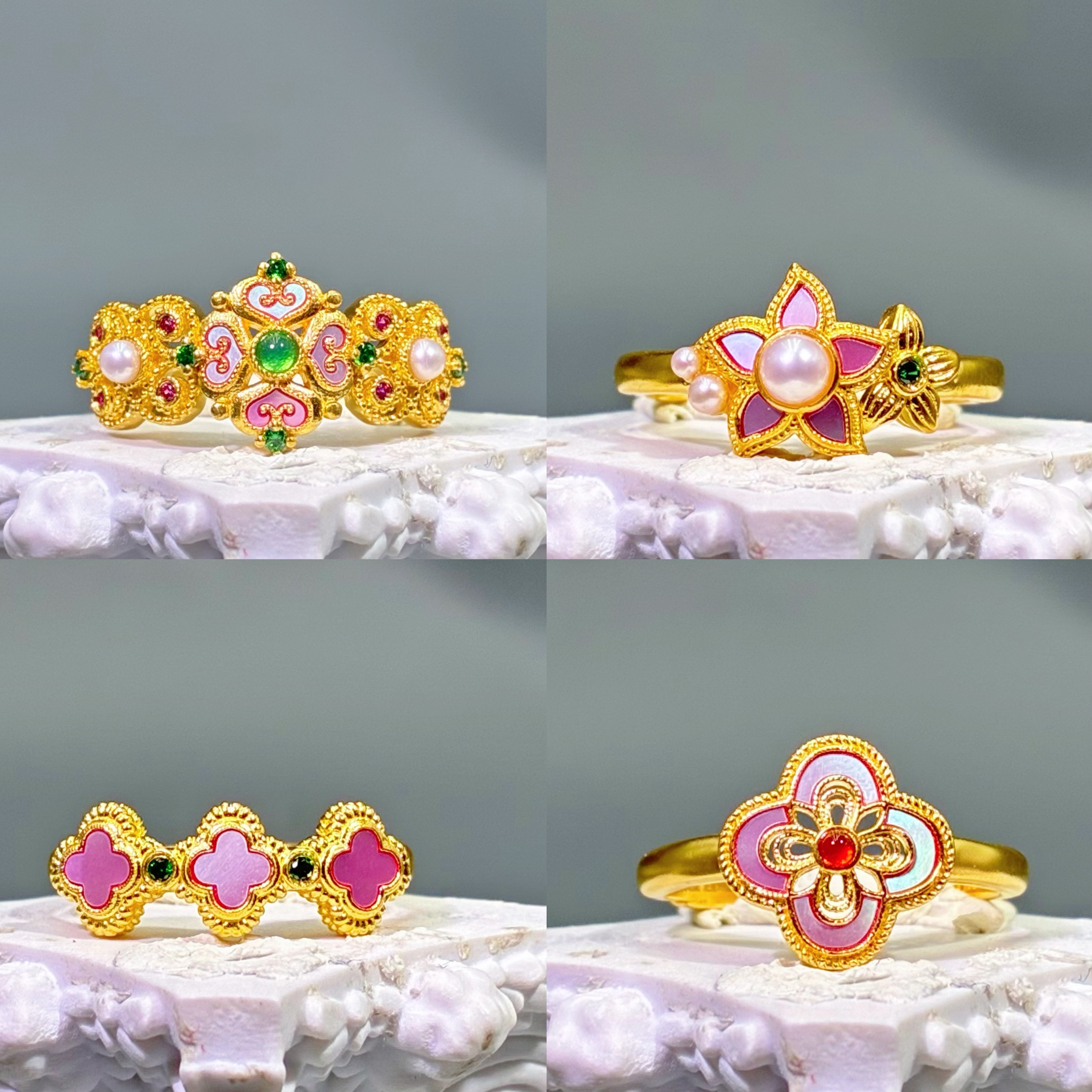 【花漾螺钿】黄金足金999 四叶草珍珠镶嵌戒指时尚高级轻奢