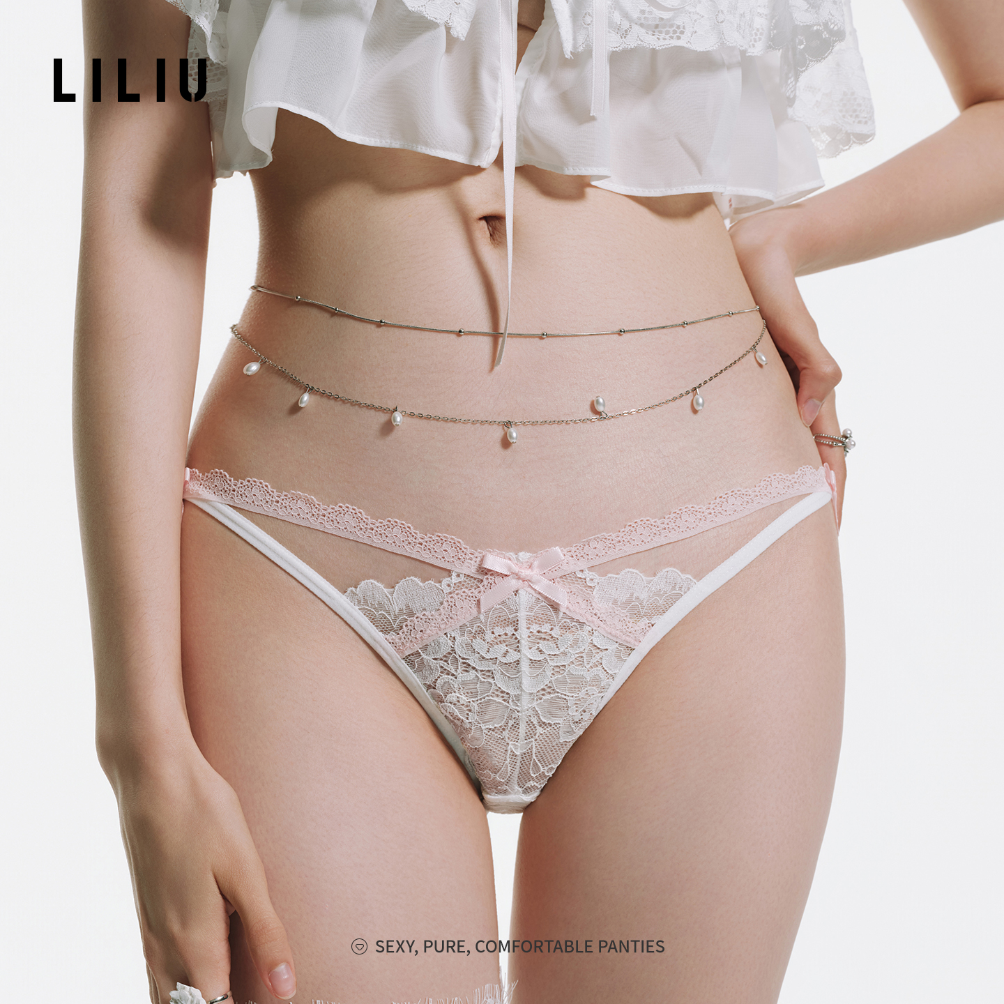 LILIU|暗夜缪斯·高开叉性感内裤女纯欲镂空网纱蕾丝棉裆三角裤
