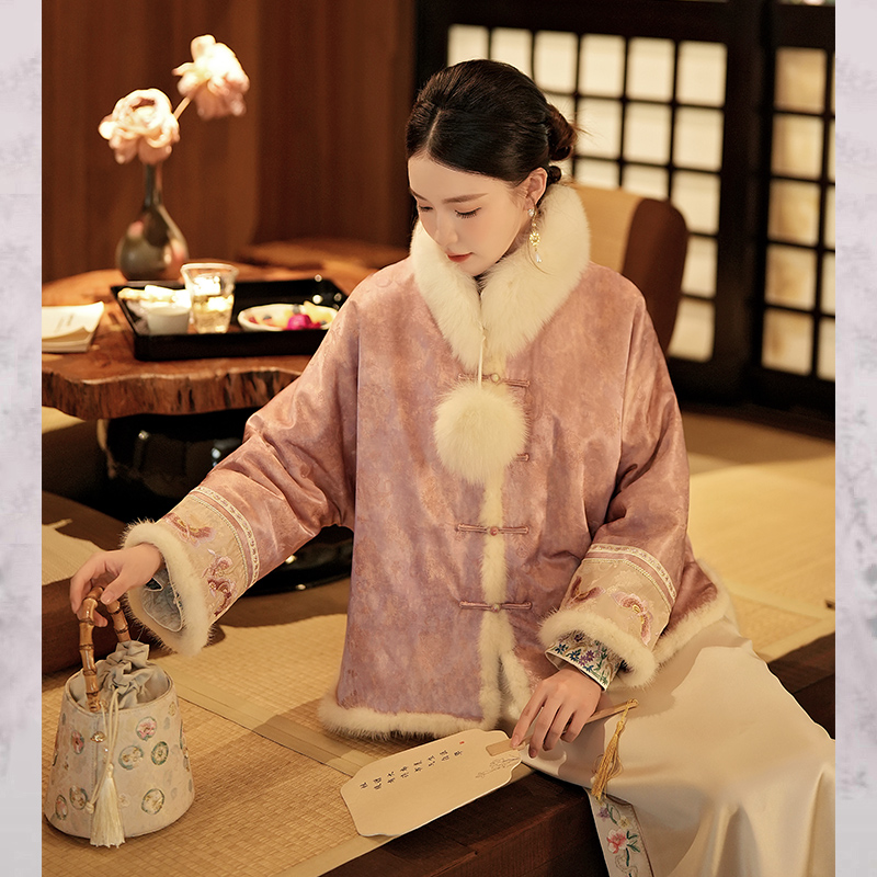 【樱雪】水貂毛 桑蚕丝外套高级感秋冬夹棉新款新中式加厚上衣女