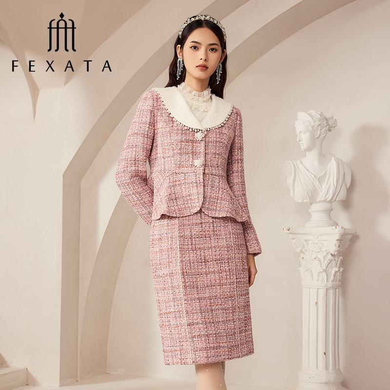 【媛媛女王严选】FEXATA斐格思套装女复古小香风粗花呢外套半身裙两