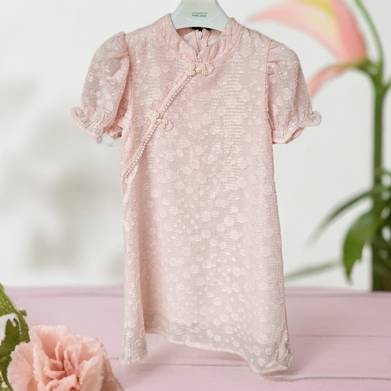 B类纯色儿童2-6岁夏季旗袍绣花长款国风