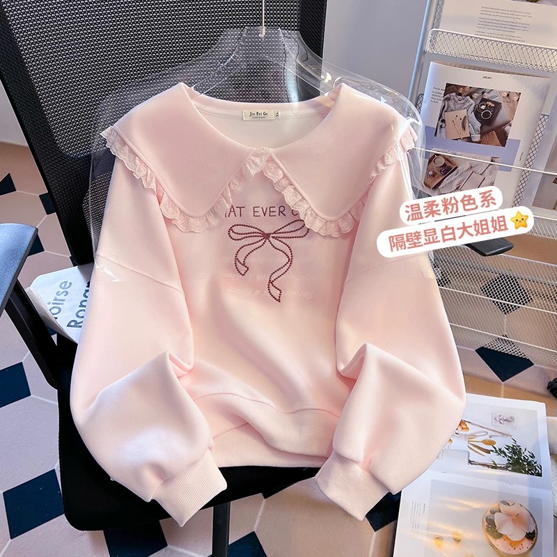 女童2025新款卫衣春秋娃娃领春秋初中高中大童学院风蕾丝刺绣上衣