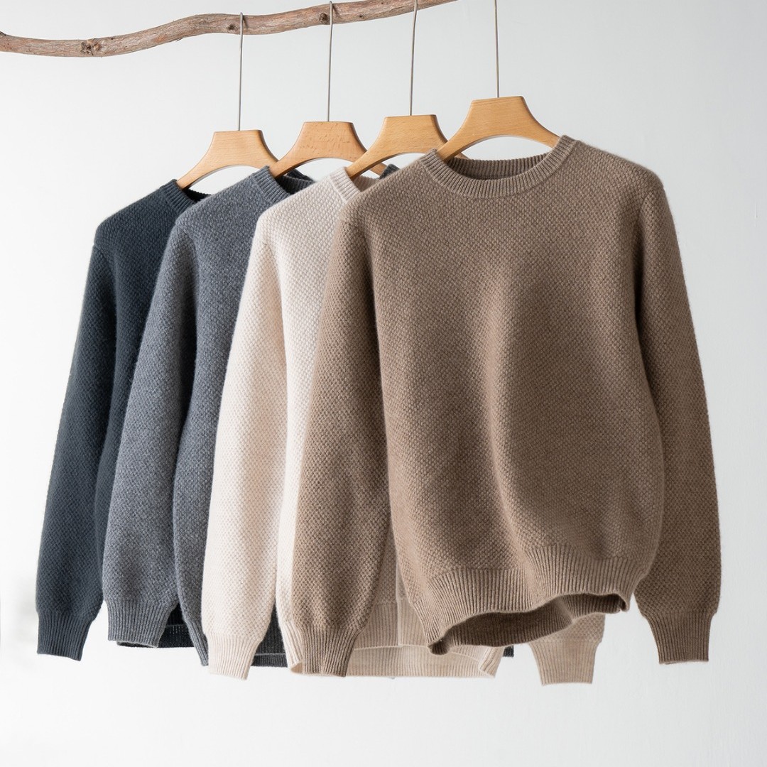 《BAIYI羊绒针织》100%山羊绒男士7针横机编织双股加厚圆领菠萝针