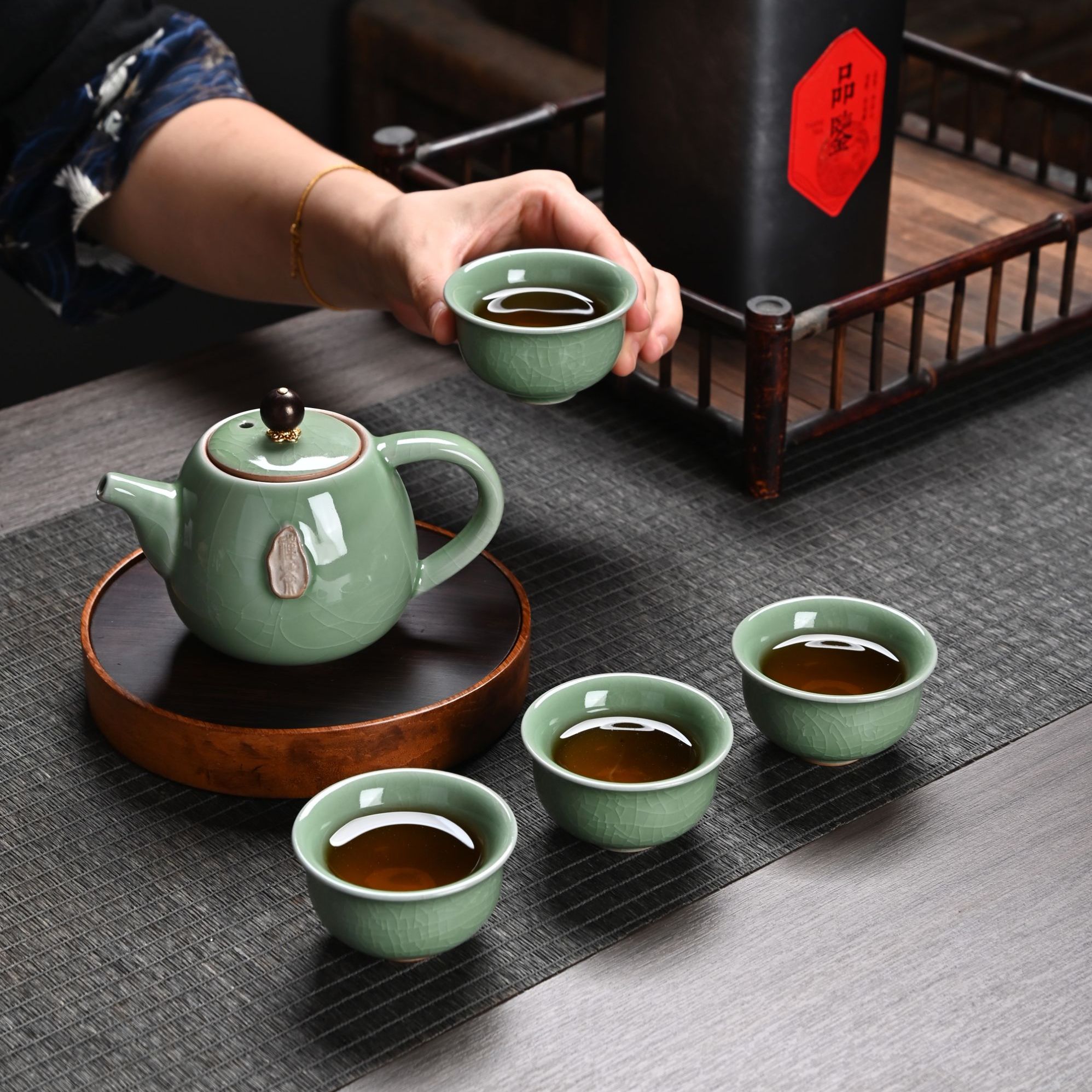 新式禅茶天青1壶4杯陶瓷家用茶壶套装-0038