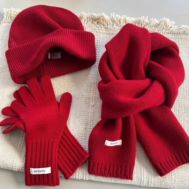 24冬季圣诞红色系100％WOOL三件套保暖帽子围巾手套套件送礼套装