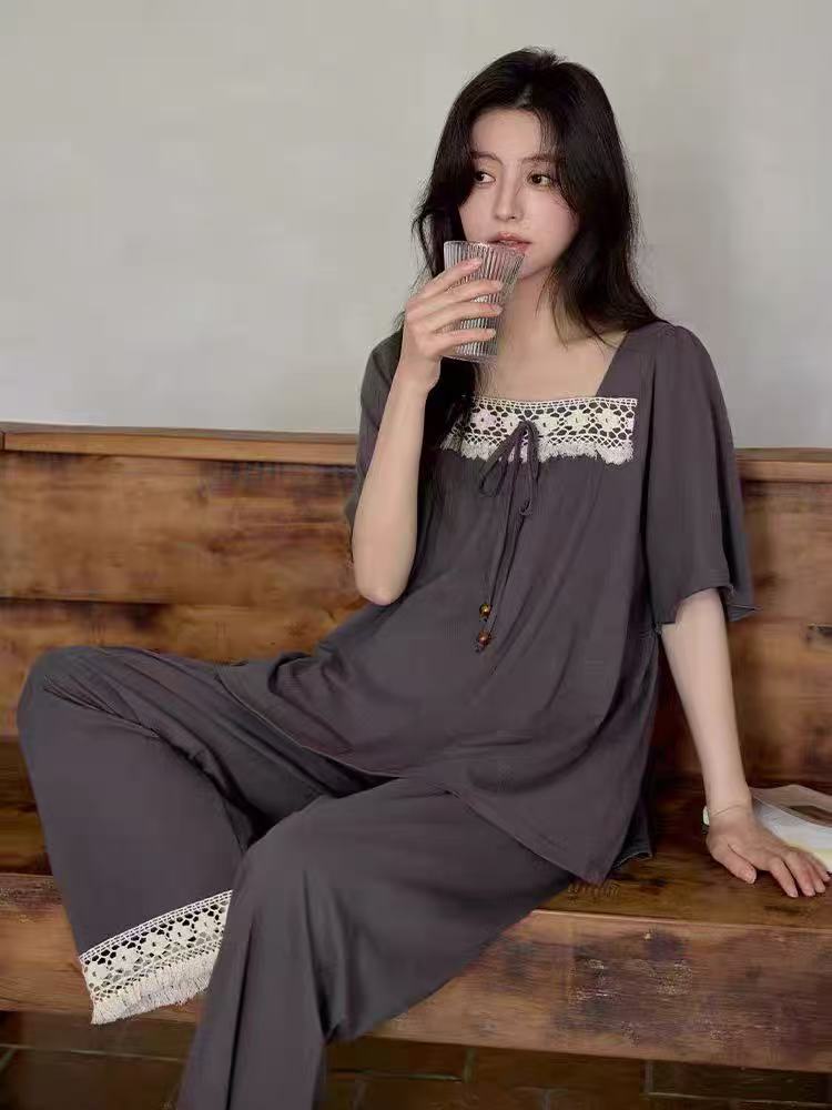 1098夏季女士带胸垫睡衣套装短袖长裤睡衣女套装女士家居服