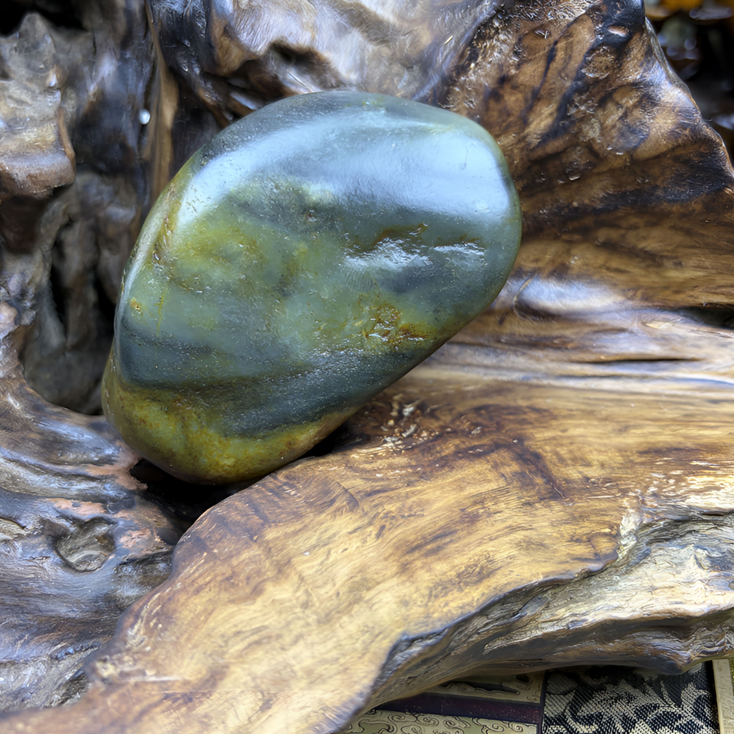 和田玉，青花楼兰三色，223克原料，86mm✖️54mm✖️34mm