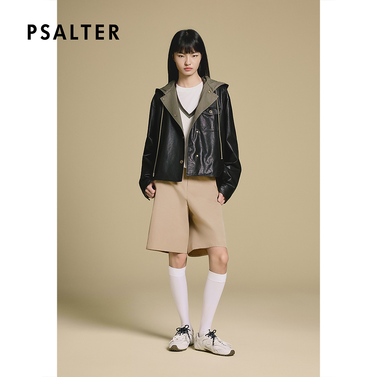 PSALTER诗篇休闲时尚前短后长连帽皮夹克外套2025冬季新款