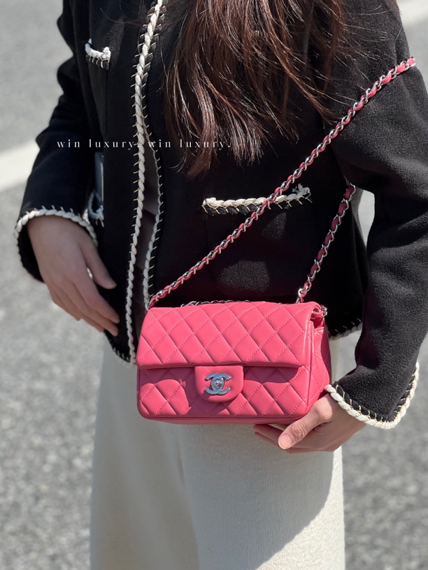 95新 Chanel/香奈儿 唇膏粉银扣cf大mini银扣单肩斜挎包 28开