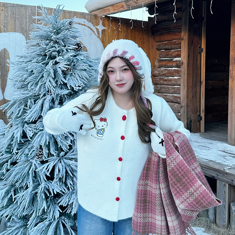 大码胖mm正肩仿水貂kt猫刺绣长袖毛衣开衫外套撞色可爱显瘦女8062