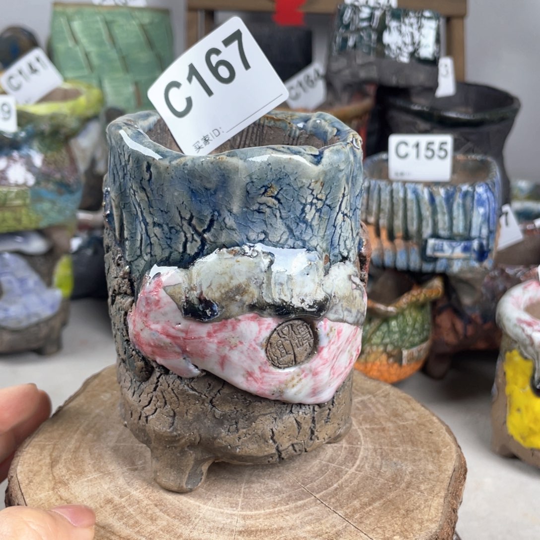 紫砂花盆孤品 不规则油画山石老桩 内口5.5