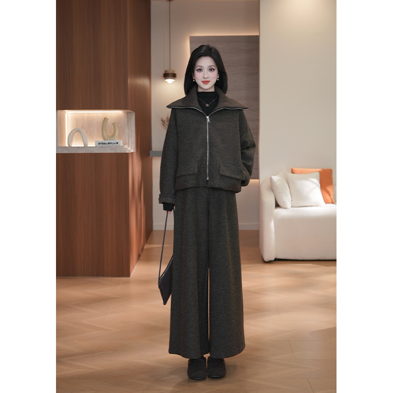 秋冬新款韩系时尚气质百搭小众宽松显瘦翻领外套裤子套装女