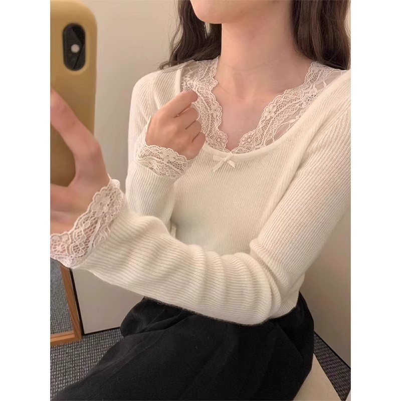 白色小香风内搭针织衫v领长袖蕾丝拼接毛衣女春秋季新款修身上衣