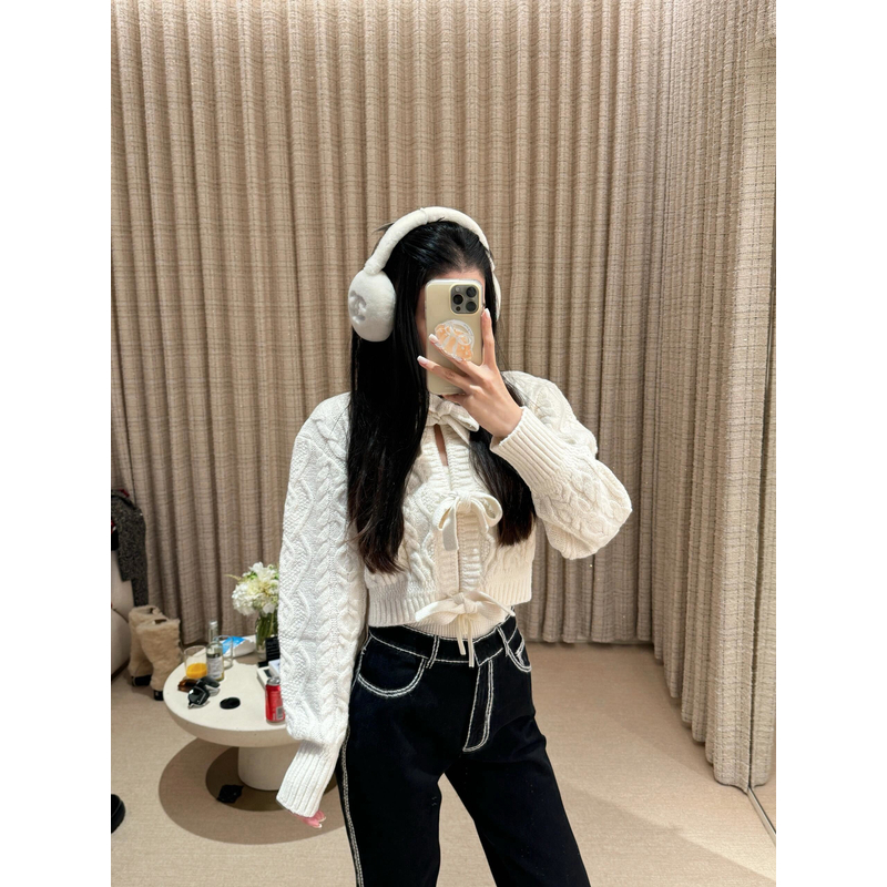 【YY】香家新款滑雪蝴蝶结系带短款针织衫