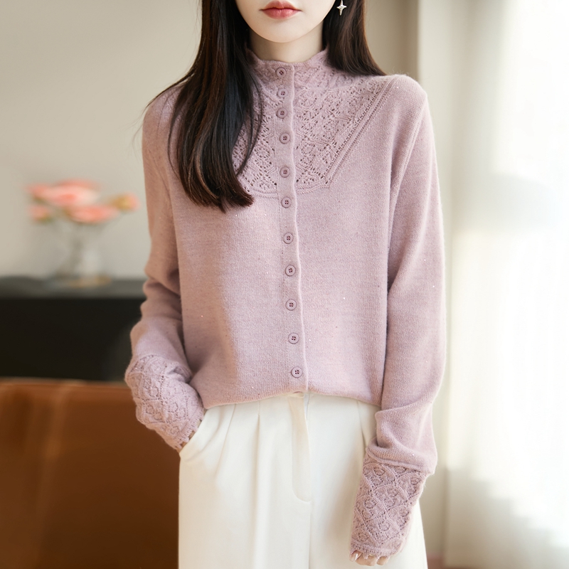 品牌撤柜正品秋冬新款羊毛衫半高领珠片开衫韩系轻熟风优雅上衣女