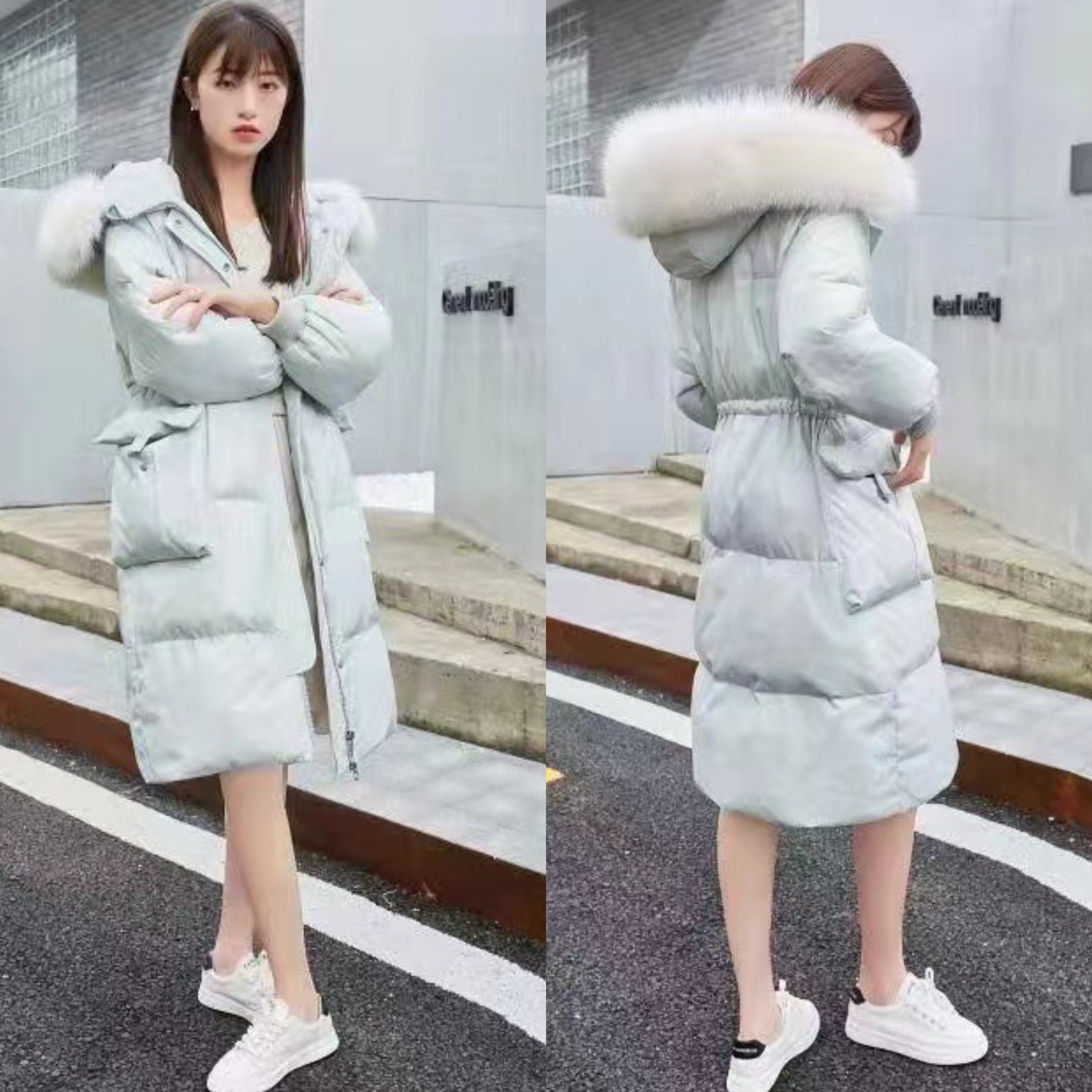 反季90白鸭绒羽绒服女2025韩版新款大毛领大口袋长款过膝加厚外套