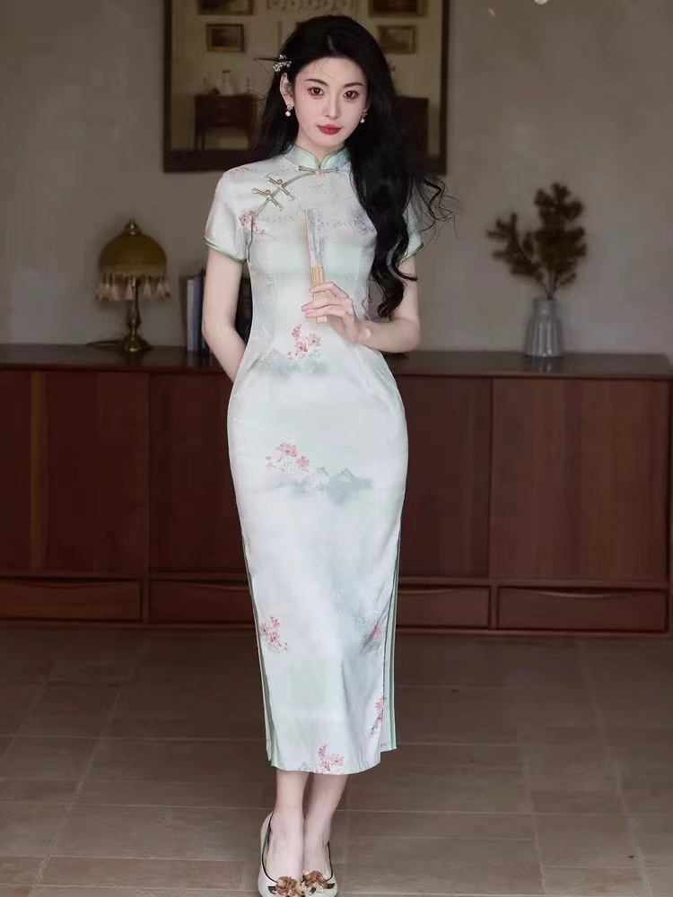 470-米色 小花花 渲染 长款 旗袍