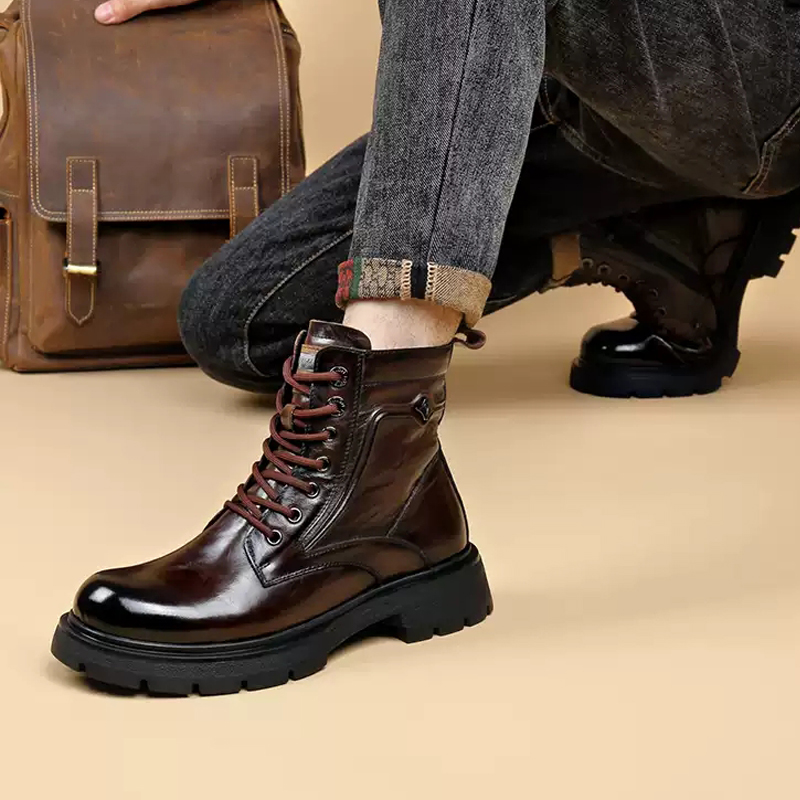 头层牛皮马丁靴男士高帮加绒潮流机车靴英伦风真皮厚底复古工装靴