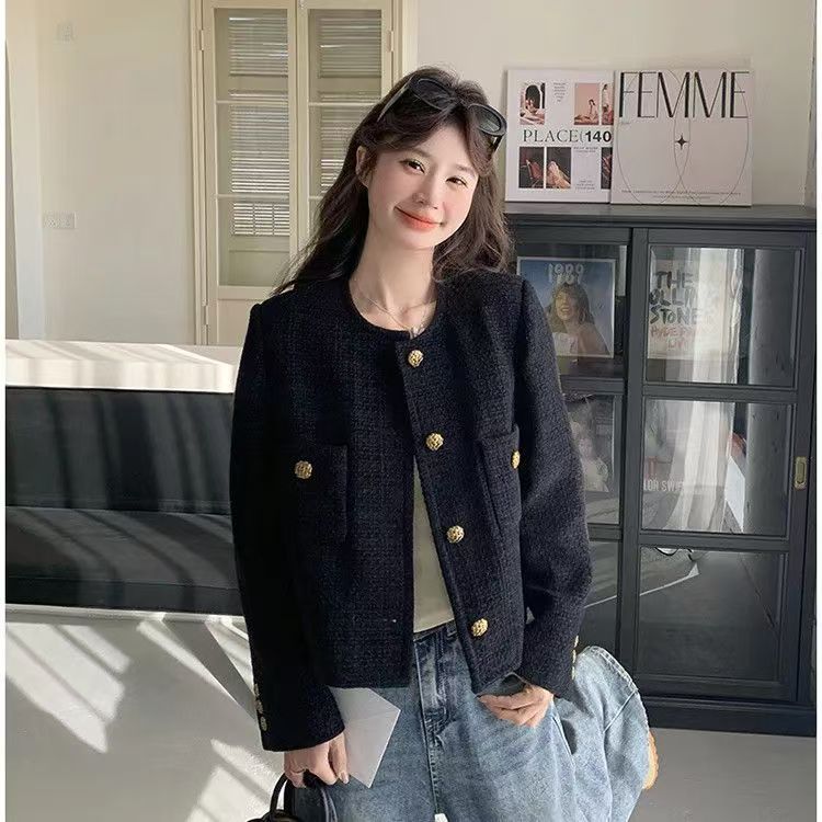 女秋季厚款通勤小香风短款短外套韩版秋冬城市机能风-蓝玫瑰SZ002
