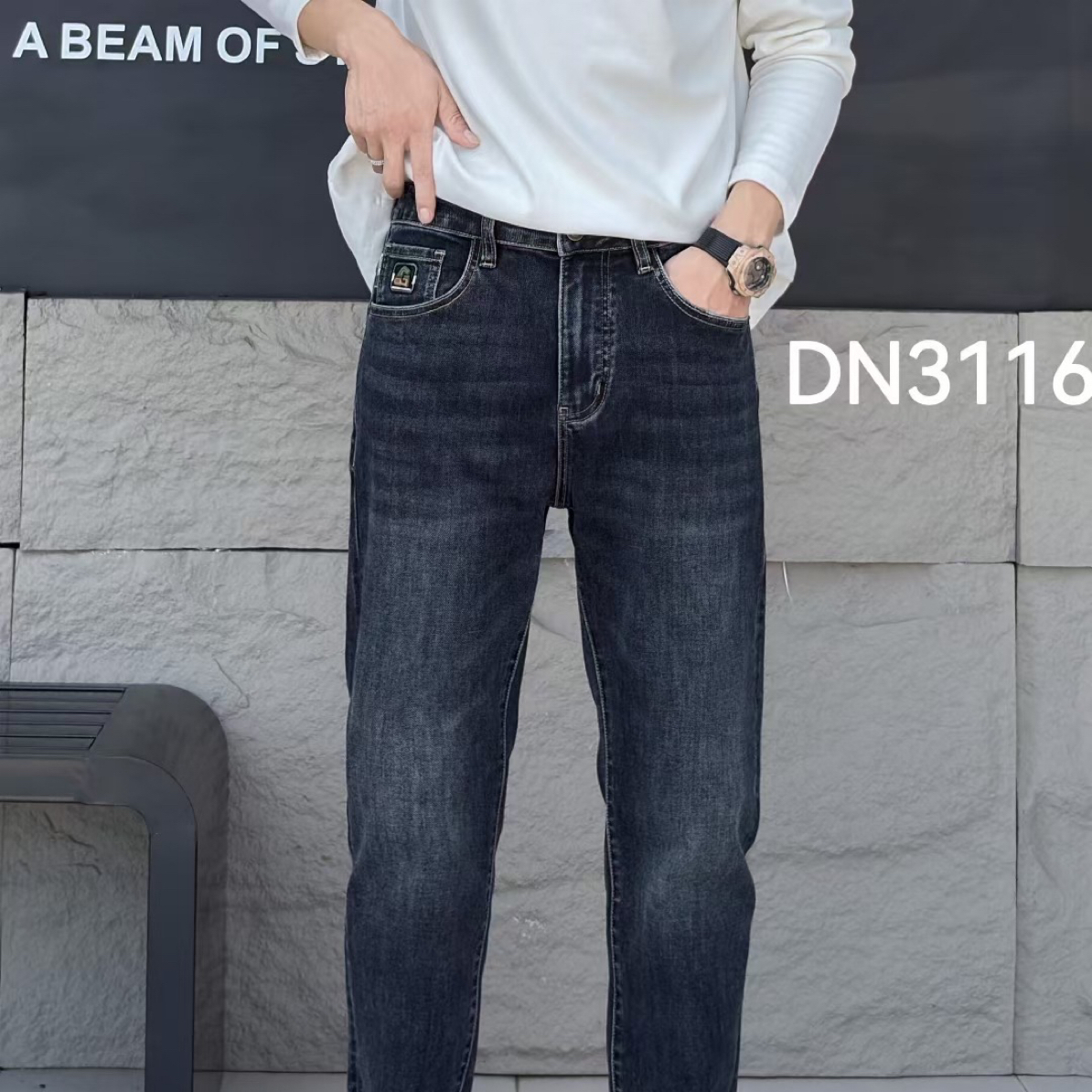 动力牛DN3116秋季新款牛仔裤男士韩版中腰小脚修身高端深蓝色弹力