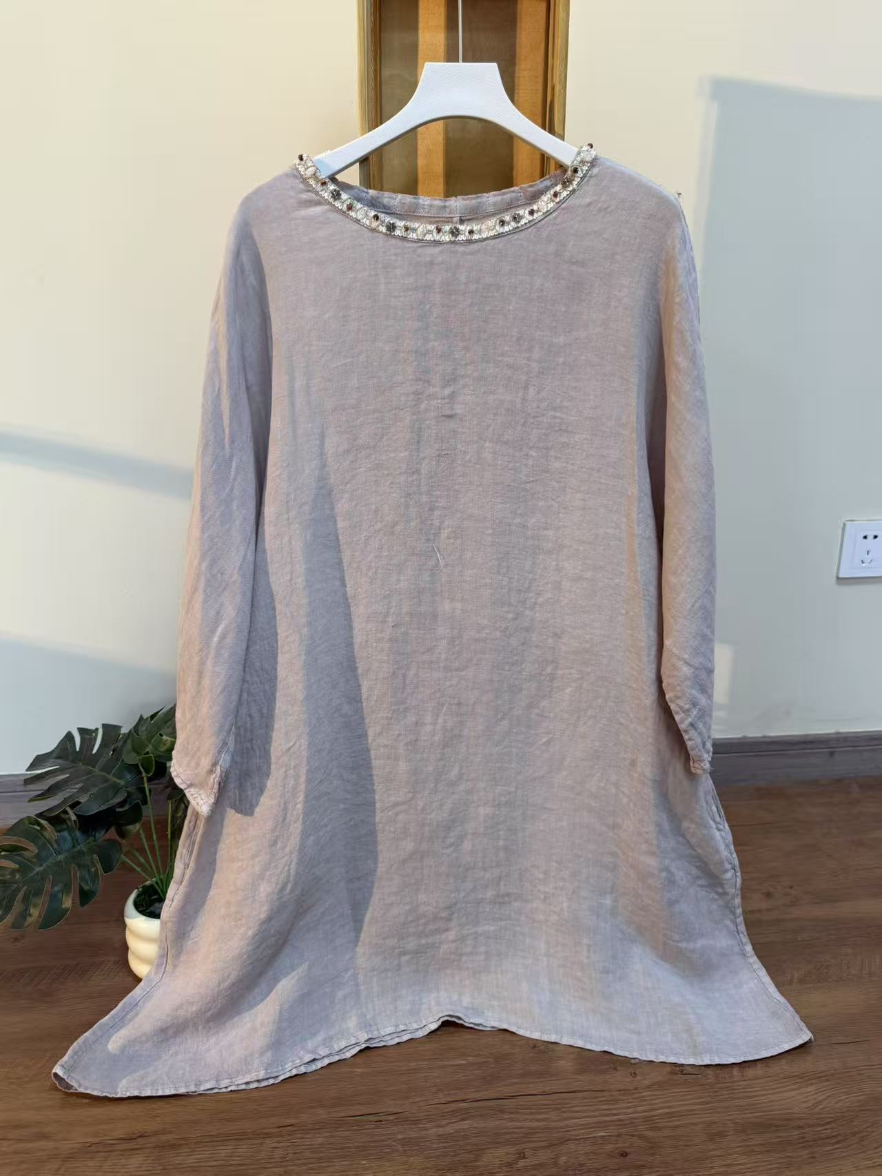 【云目悠悠】夏季宽松项链领口女士中长款套头衬衫-2025767