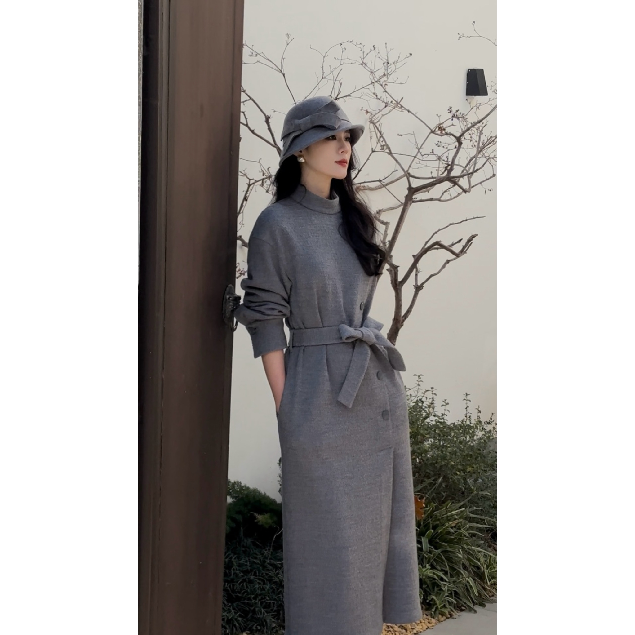 GIRDEAR/哥弟冬日氛围感穿搭时尚绵羊毛保暖连衣裙（附腰带）150042