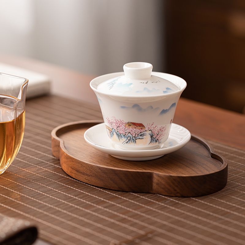 A052羊脂玉瓷桃花源悬停盖碗