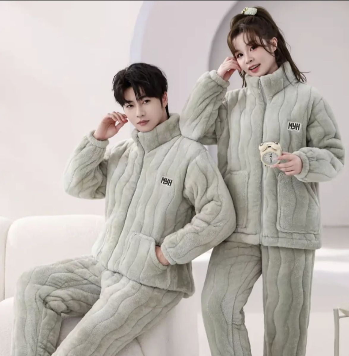 冬季三层夹棉男女同款家居服套装加厚加绒睡衣波纹纯色保暖情侣款