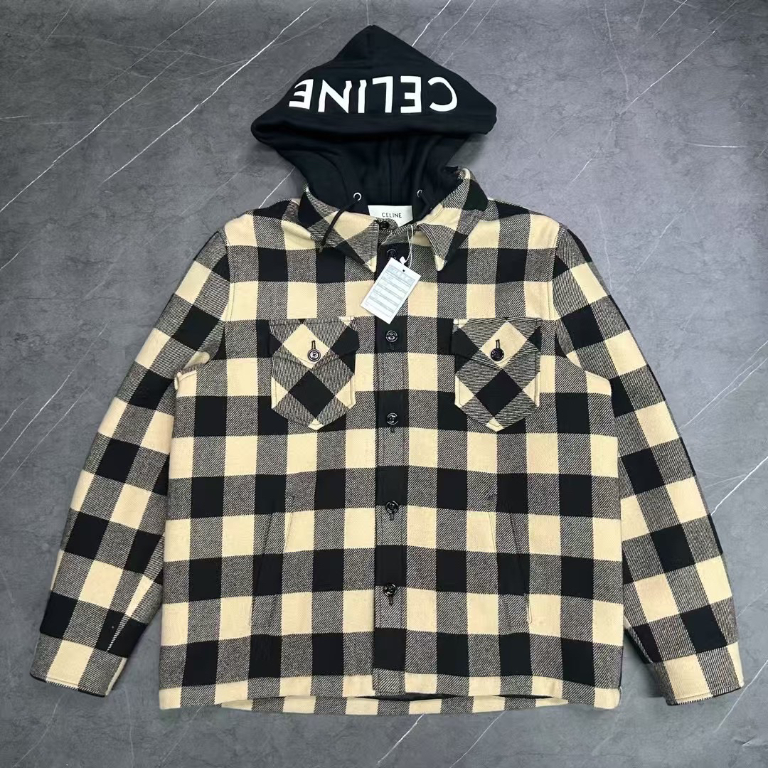 99新 Celine/思琳 52码 24FW 新款格纹羊毛连帽外套 
