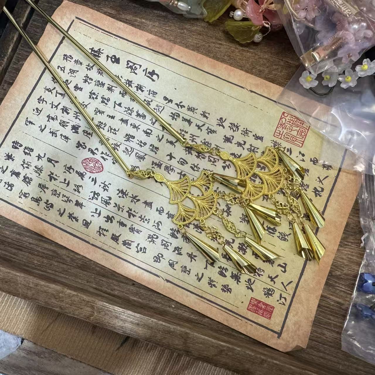 银杏铃铛发簪金色。前尘梦古风汉服配饰