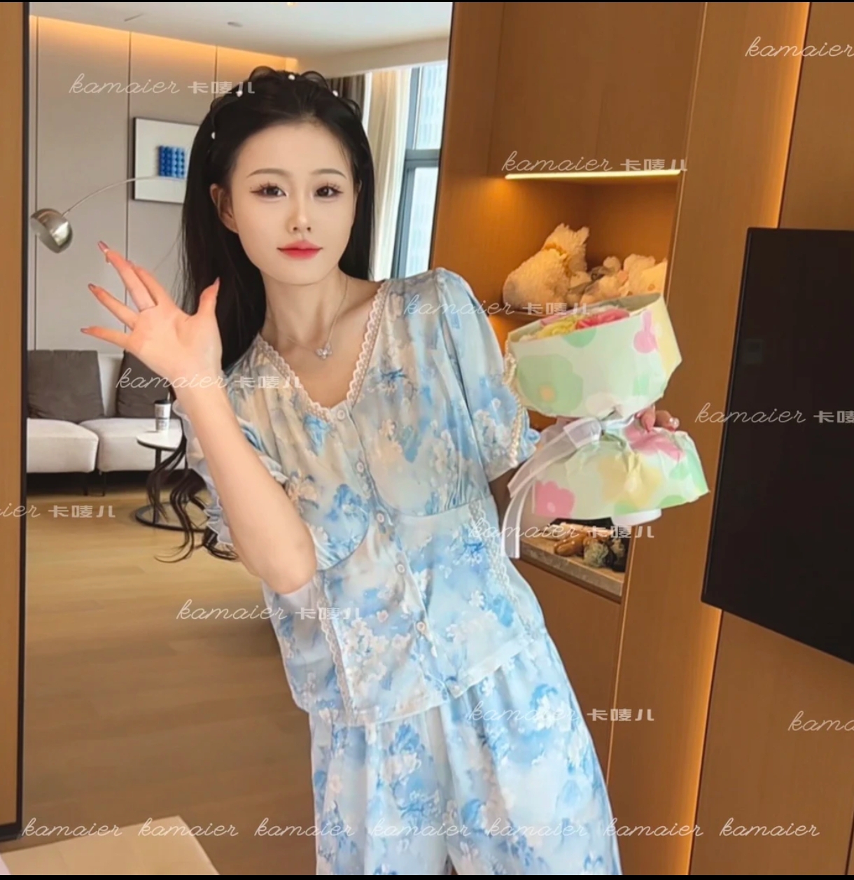 （融融）夏季气质睡衣套装家居服女带胸垫外穿蕾丝睡衣三件套冰丝