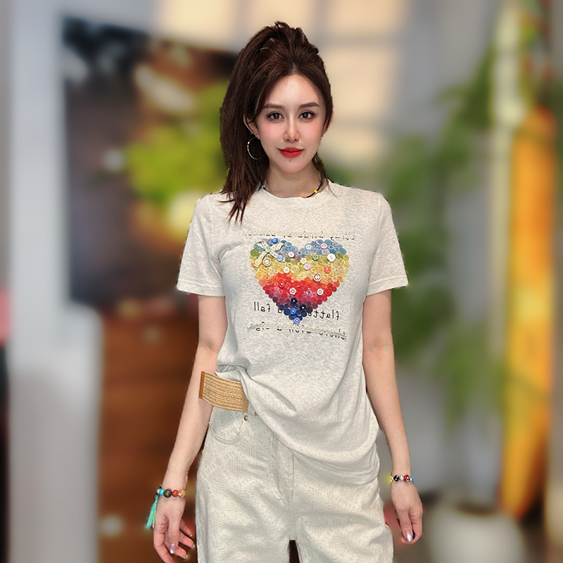夏装新款时尚圆领短袖爱心图案T恤女显瘦休闲上衣百搭内搭打底衫1