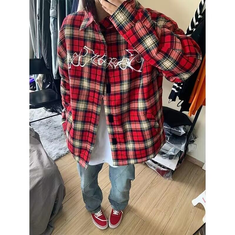 美式高街vintage红色格子衬衫男款春秋季慵懒风cleanfit衬衣外套