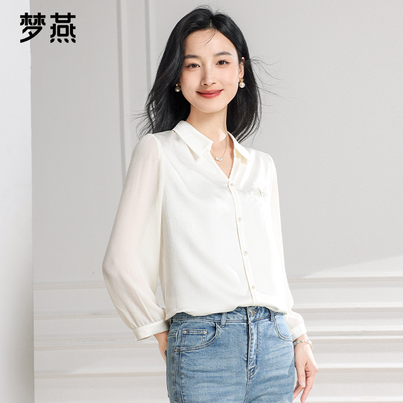梦燕春秋女款气质简约翻领时尚小衫小众设计感宽松衬衫AA03B5018