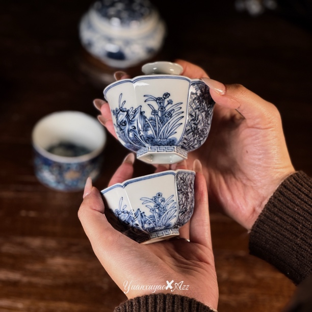 【元煦窑】寿石水仙八方盖碗青花开窗盖碗泡茶碗景德镇茶具元煦和晓