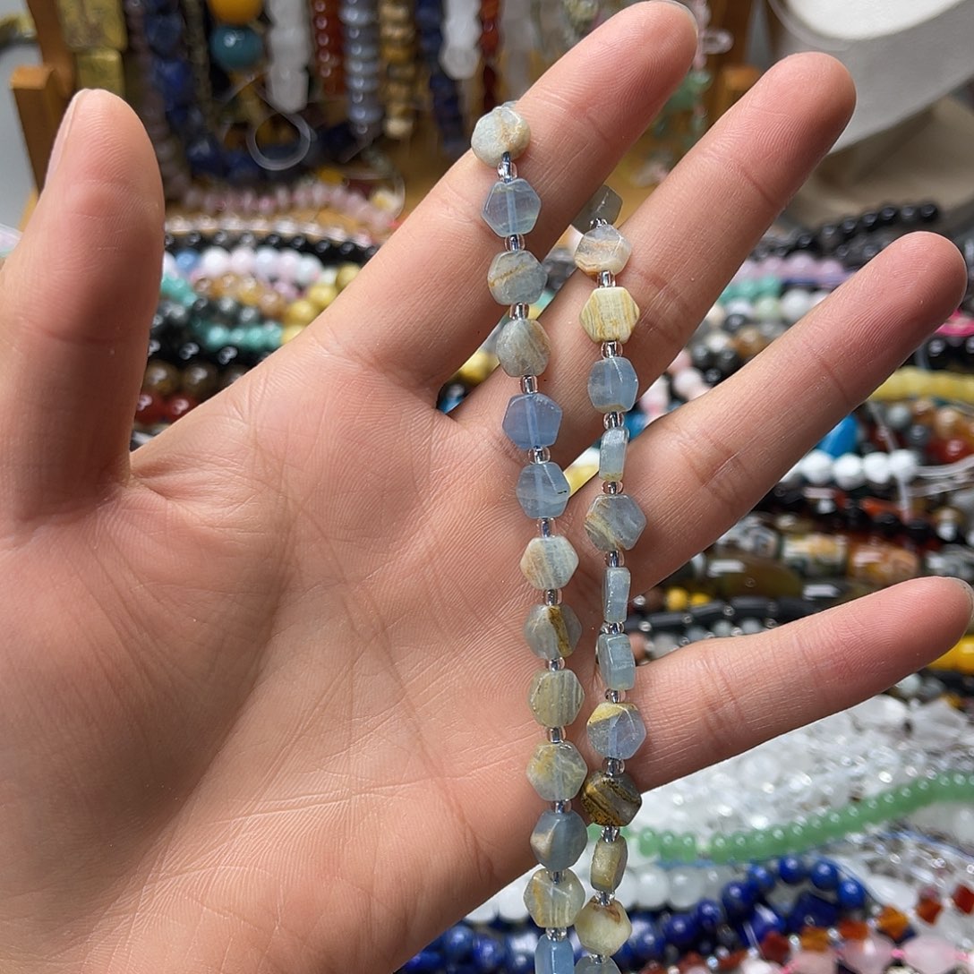 玛瑙/玉髓未镶嵌珠宝半成品卡8蓝方解六边形一条