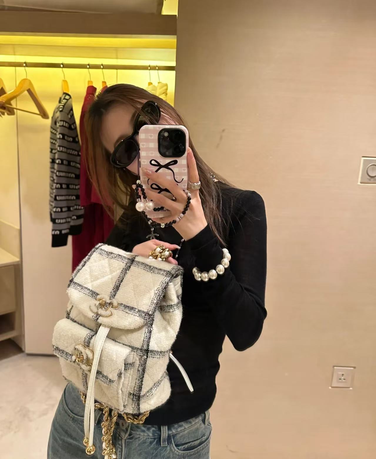 99新 Chanel/香奈儿 22k白色千鸟格毛呢双肩包 21cm 16440267