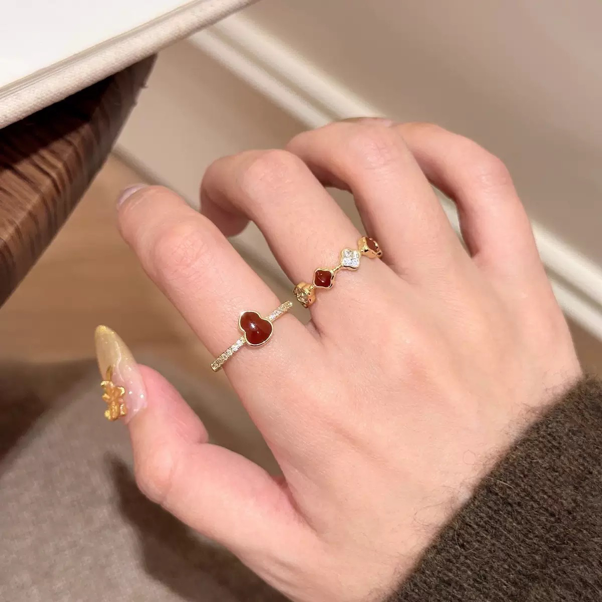 铜合金戒指 1040 红色滴油葫芦四叶花戒指开口高级叠戴百搭指环