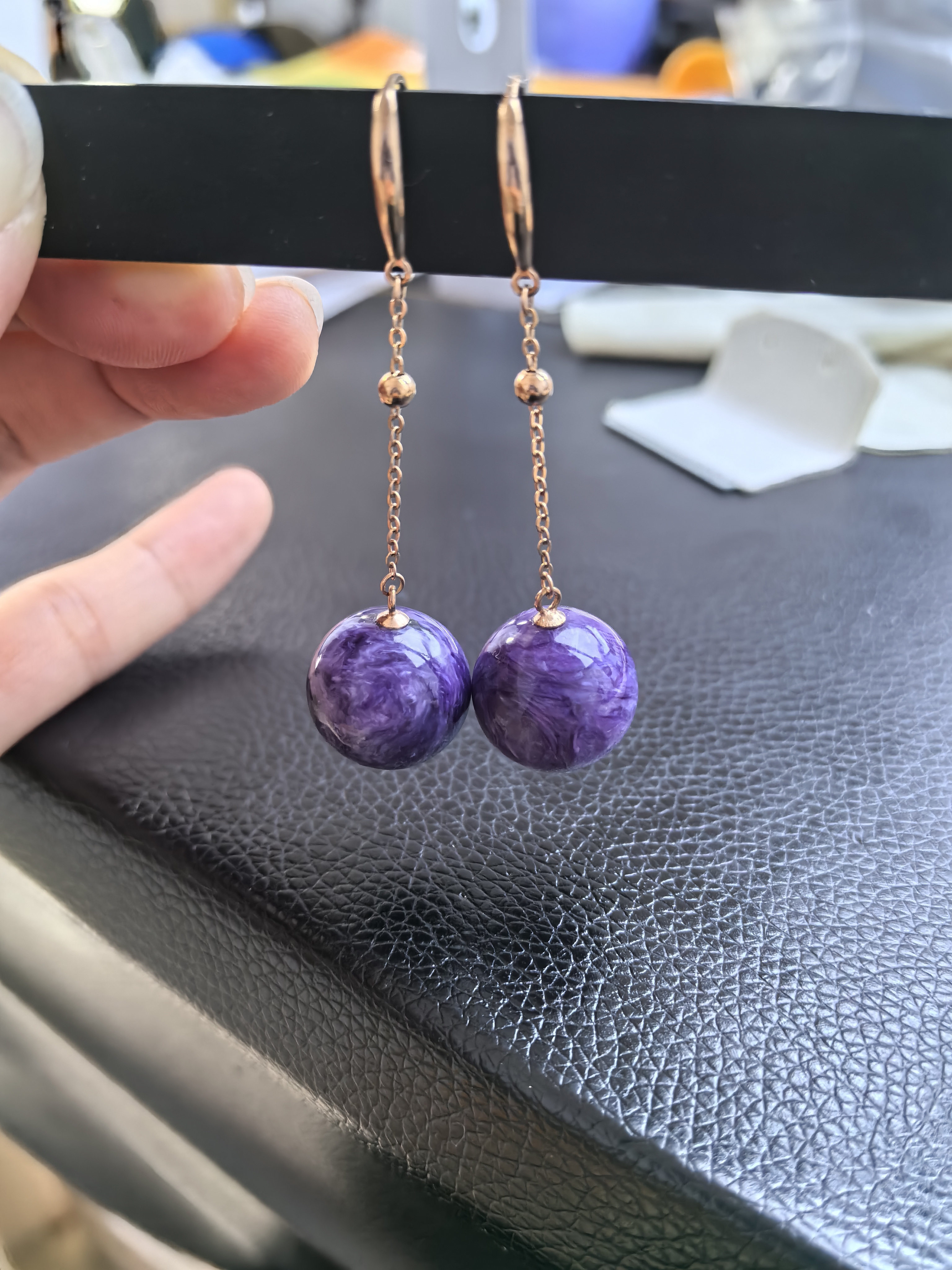 查罗石紫龙晶耳坠     银镶玫瑰金色  16mm