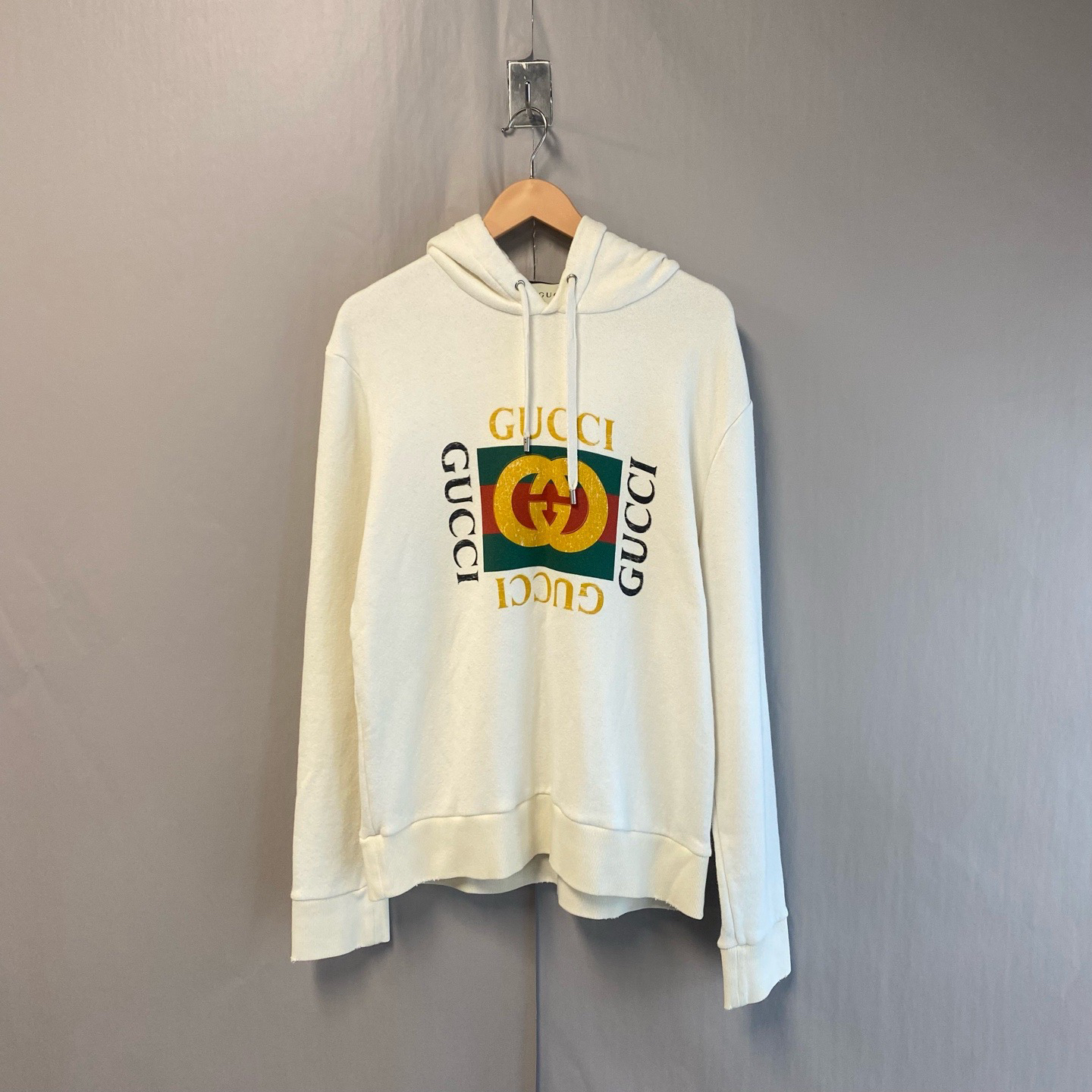 99新 GUCCI/古驰 白色复古双环Logo印花连帽卫衣 M码 #6880