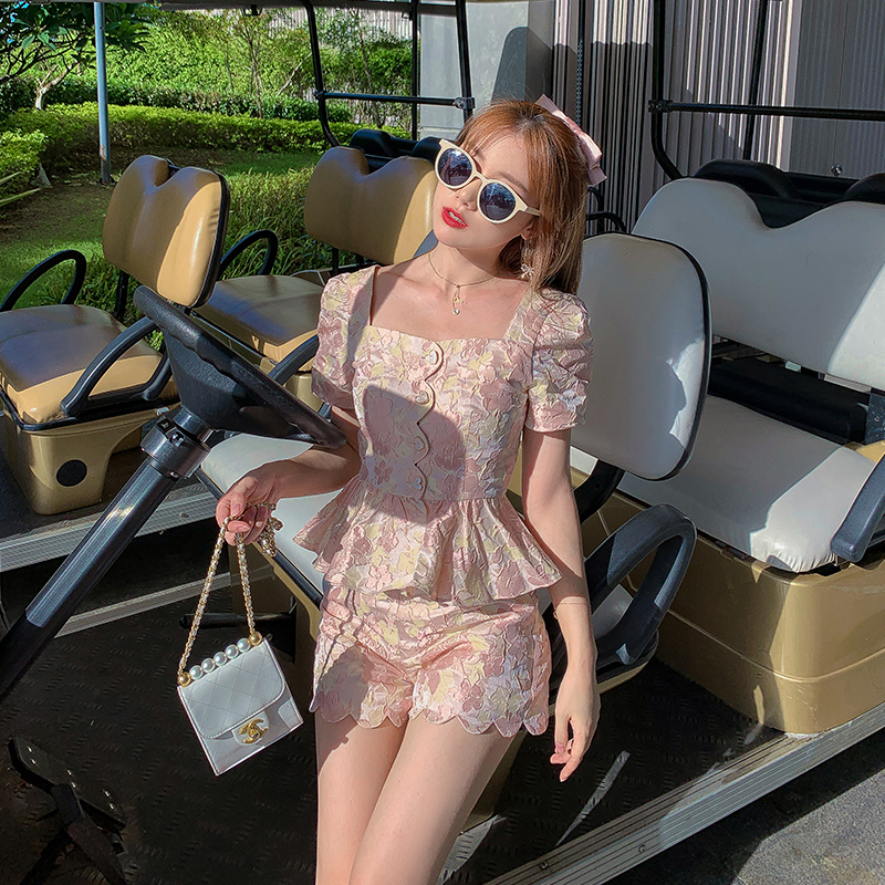 【22269】泰国潮牌方领复古法式短裤套装